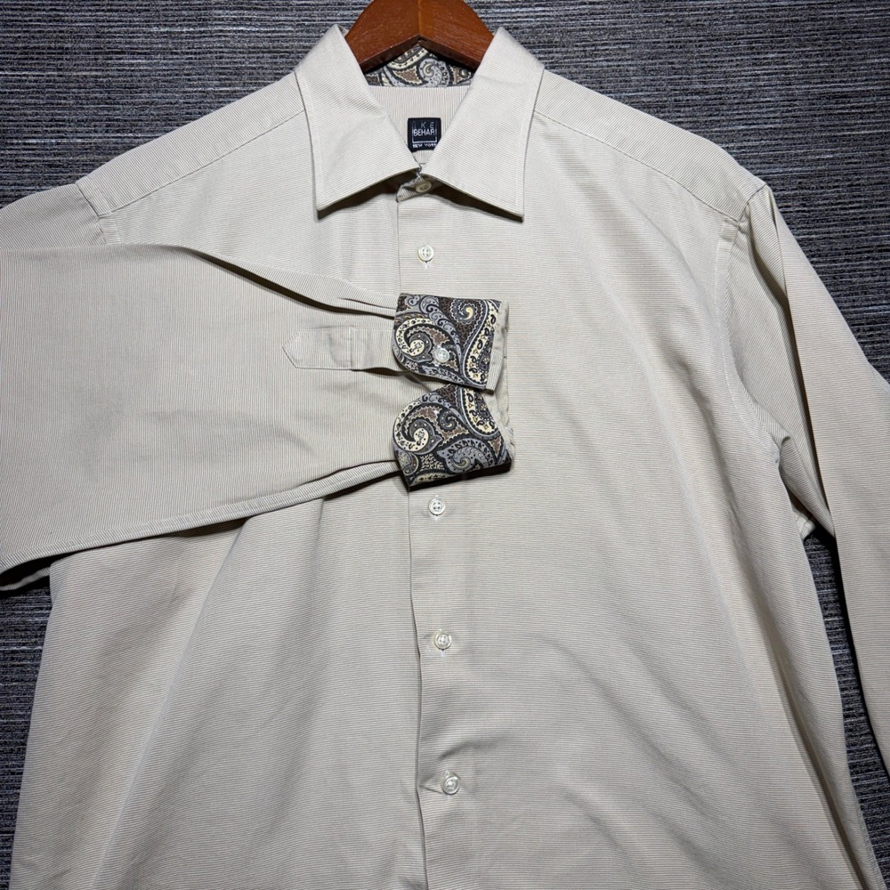 Ike Behar Dress Shirt Men 16.5-35 Beige LS Ribbed Paisley Trim Cotton 6627